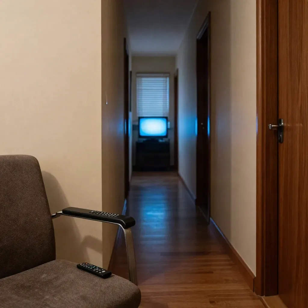 Dark hallway leading to a glowing TV, chair arm with remote, blinds striping the room.