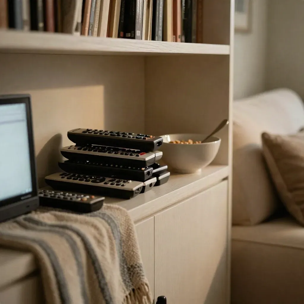 Side view of a cozy comedy shelf with remotes, cereal bowl, striped throw, and a glowing small screen.